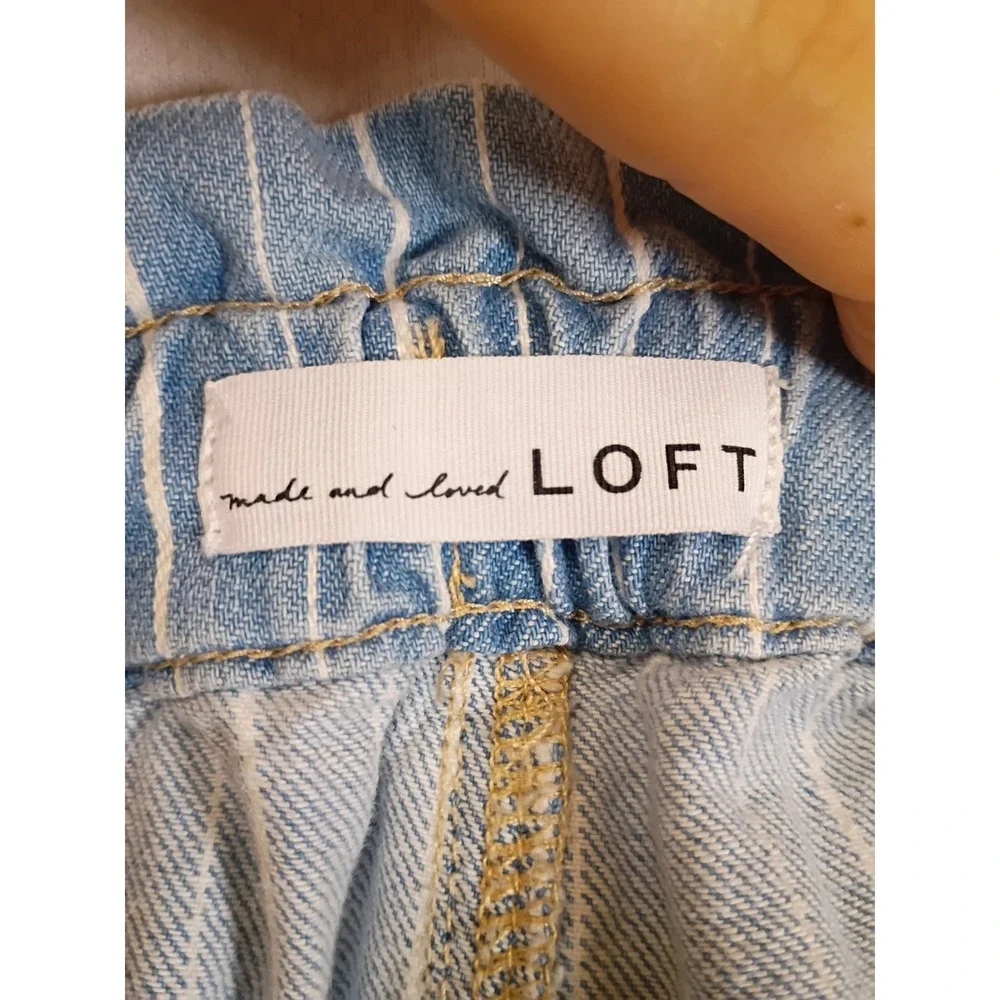 Coastal Nautical LOFT Women S Blue White Pinstripe Paperbag Waist Denim Shorts